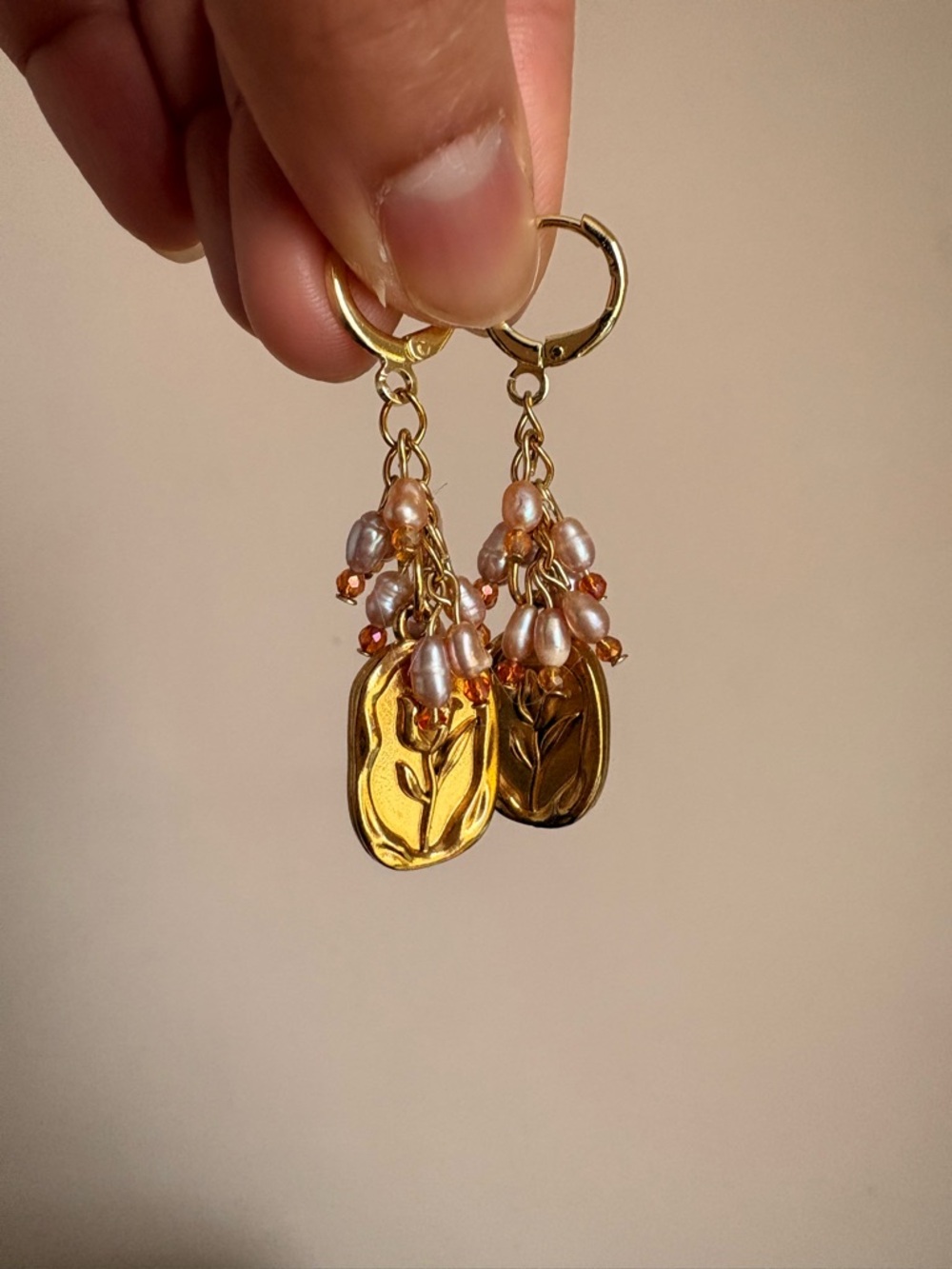 Gold Leaf Dangle Earrings with Peach Pearl Clusters